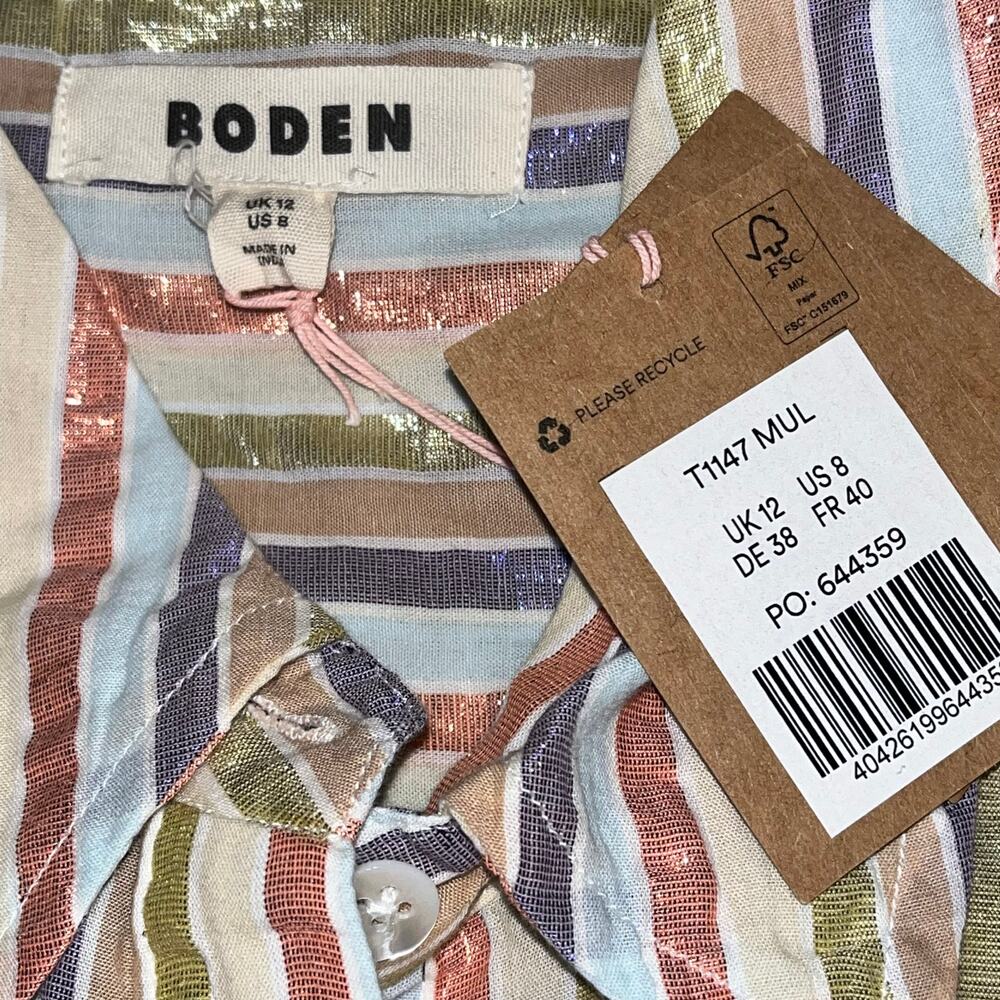 NWT Boden Multicolor Metallic Stripe Oversized Cotton Button‑Down Shirt US 8 - Picture 7 of 10